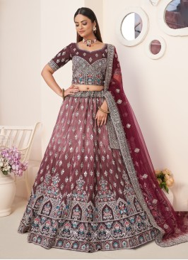 Maroon Satin Silk Embroidered Lehenga Choli