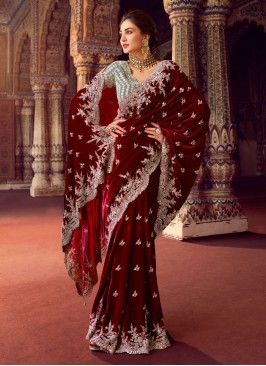 Gorgeous Maroon Velvet Designer Zardosi Work Saree