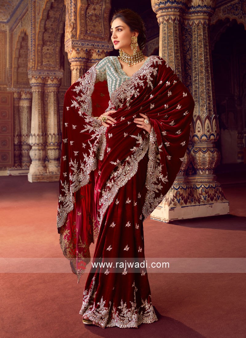 Saree : Maroon velvet embroidered border work wedding saree