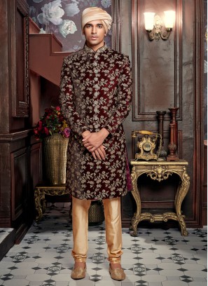 Maroon Velvet Indowestern With Zari Work