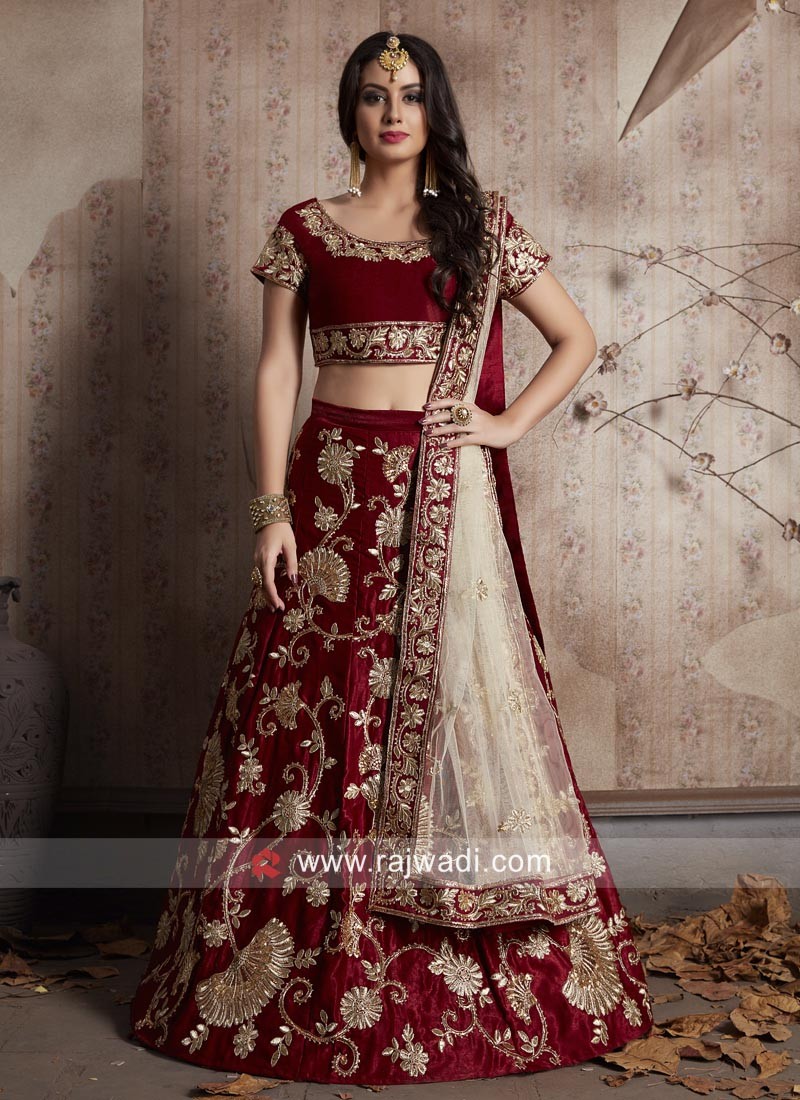 Buy Maroon Embroidered and Hand Work Silk Lehenga Choli Online -