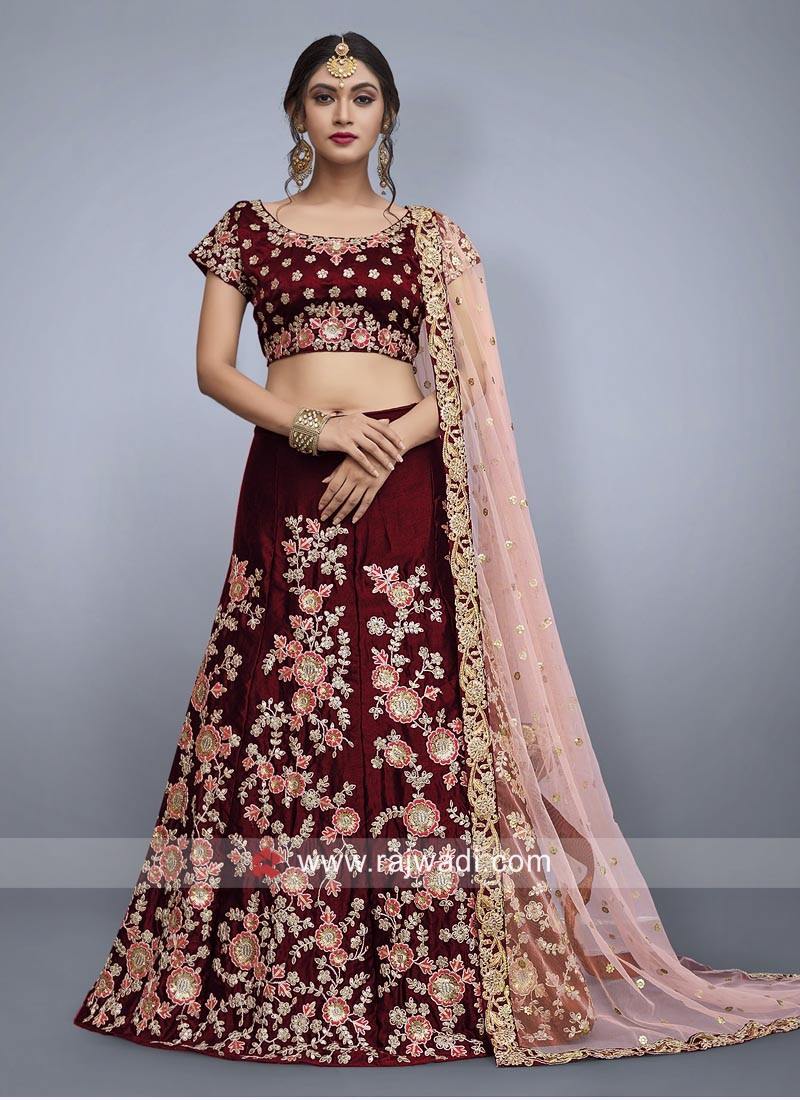 Embroidered Maroon Velvet Bridal Lehenga Choli with Dupatta - LC5984