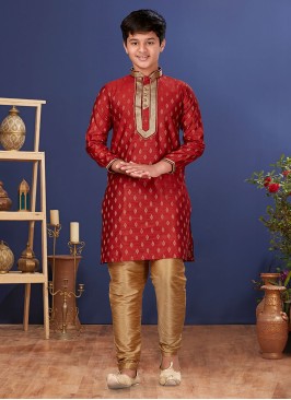 Maroon Weaving Jacquard Silk Kurta Pajama Set