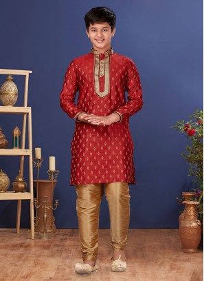 Maroon Weaving Jacquard Silk Kurta Pajama Set