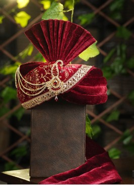 Maroon Wedding Wear Safa In Velvet Fabric