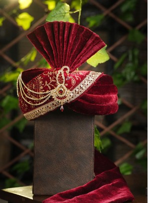 Maroon Wedding Wear Safa In Velvet Fabric