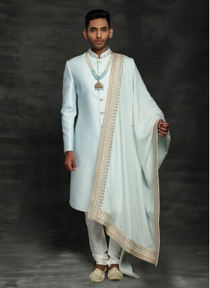 Marriage Ceremony Sherwani In Light Sky Blue Color