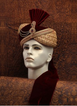 Marriage Turban In Maroon And Golden