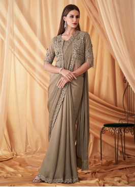 Dark Beige Wedding Wear Saree In Chiffon Silk