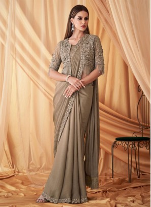 Dark Beige Wedding Wear Saree In Chiffon Silk
