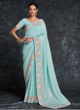 Marvelous Aqua Blue Embroidered Wedding Georgette Saree