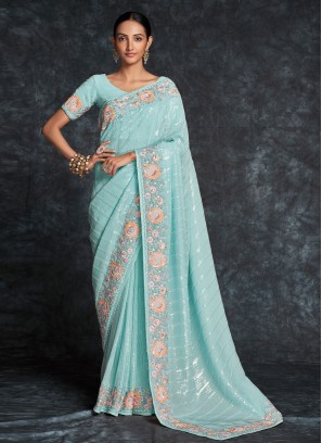 Marvelous Aqua Blue Embroidered Wedding Georgette Saree