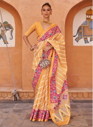 Yellow Festive Wear Trendy Brasso Saree