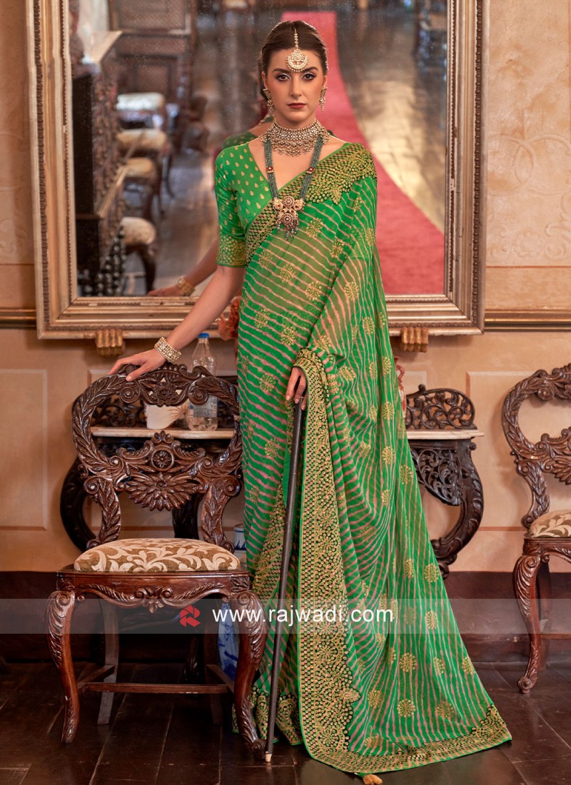 Green Bandhej Printed Saree In Linen 5017SR03