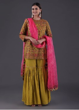 Mehendi Green Raw Silk Sharara Suit