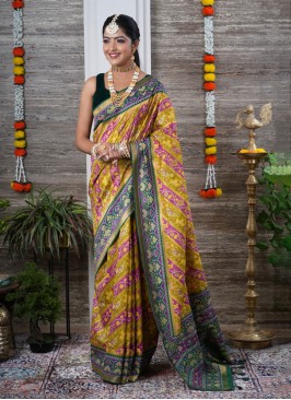 Mehndi Green And Green Patola Printed Soft Silk Saree