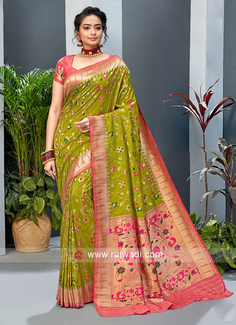 Mehndi green Lehnga sari with rooshing and sequins embroidery blouse – ADI