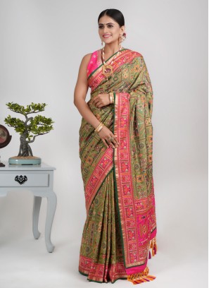 Mehndi Green and Pink Embroidered Silk Saree