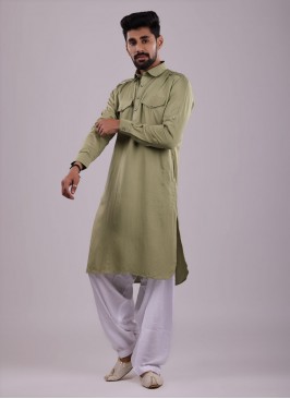 Pista Green Color Pathani Suit In Satin Fabric