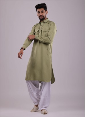 Pista Green Color Pathani Suit In Satin Fabric