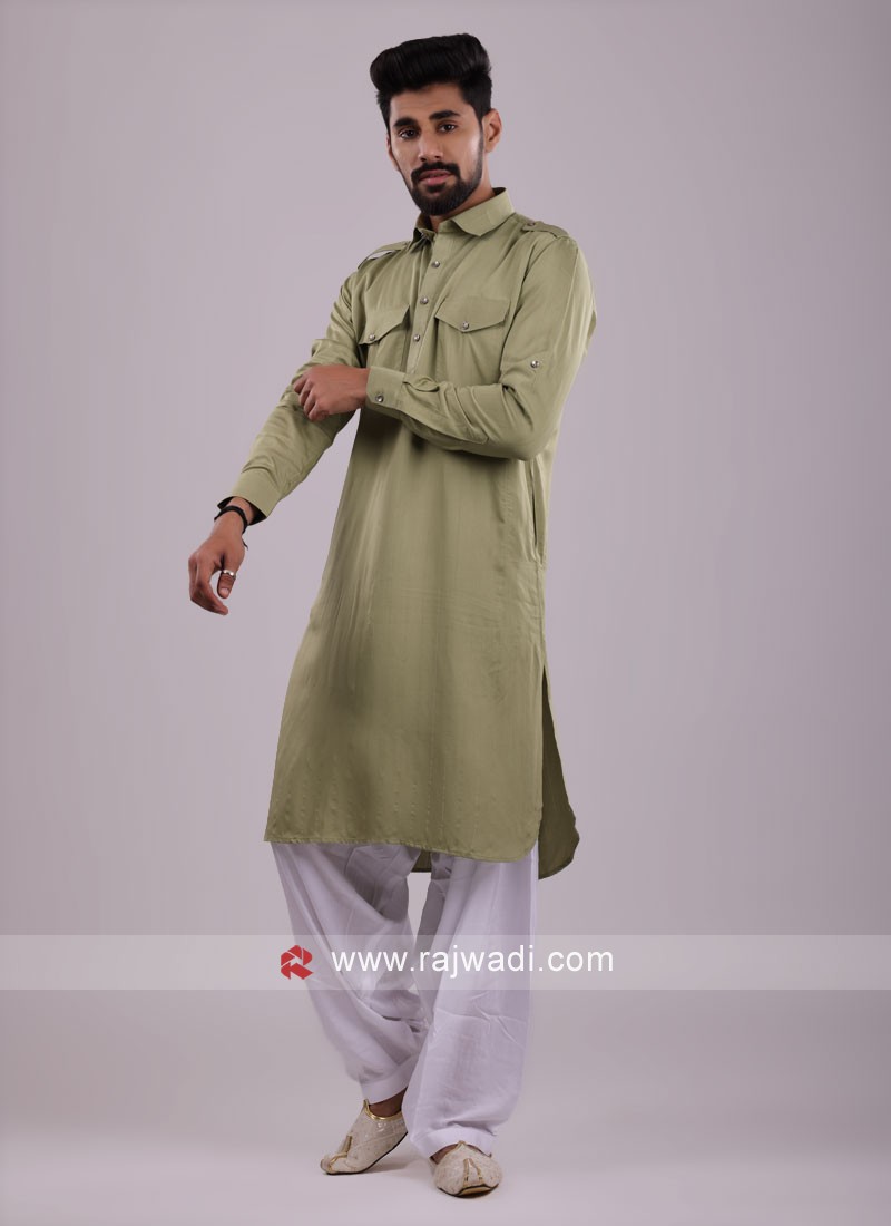 Pathani suit online- Mehendi colored kurta | Mehendi pajama | Cotton F...