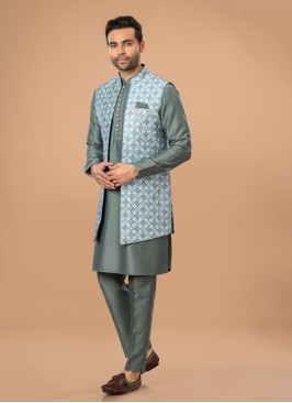 Mehndi Green Embroidered Nehru Jacket Set