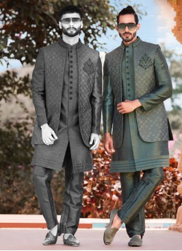 Mehndi Green Jacket Style Indowestern Set In Thread Motifs