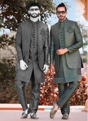 Mehndi Green Jacket Style Indowestern Set In Thread Motifs