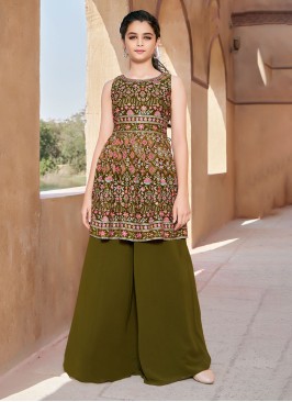 Mehndi Green Palazzo Suit In Chiffon Silk