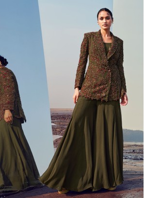 Mehndi Green Palazzo Suit With Fancy Jacket