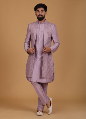 Lavender Thread Work 3 Pcs Nehru Jacket Set