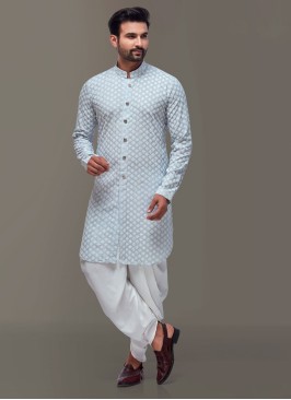 Men's Light Blue Indowestern Set In Lucknowi Embroidered