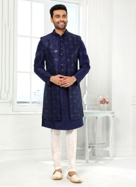 Men's Navy Blue Indowestern Set In Sequins Embroidery