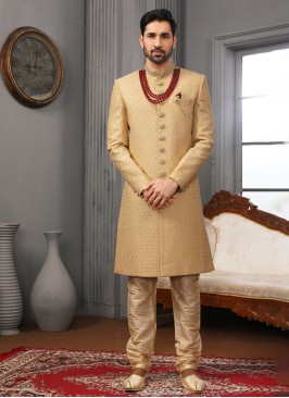 Men's Wedding Golden Cream Embroidered Sherwani