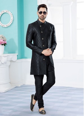 Mens Black Jacquard Silk Indowestern Set