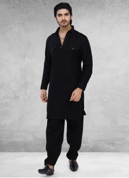 Mens Black Pathani Suit In Cotton Silk