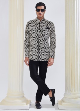 Mens Black Thread Embroidered Jodhpuri Suit