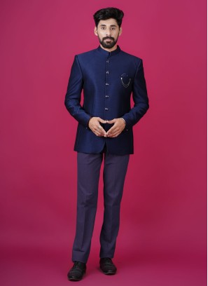 Mens Blue Imported Fabric Jodhpuri Suit
