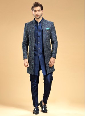 Mens Designer Teal Jacket Style Indowestern In Silk