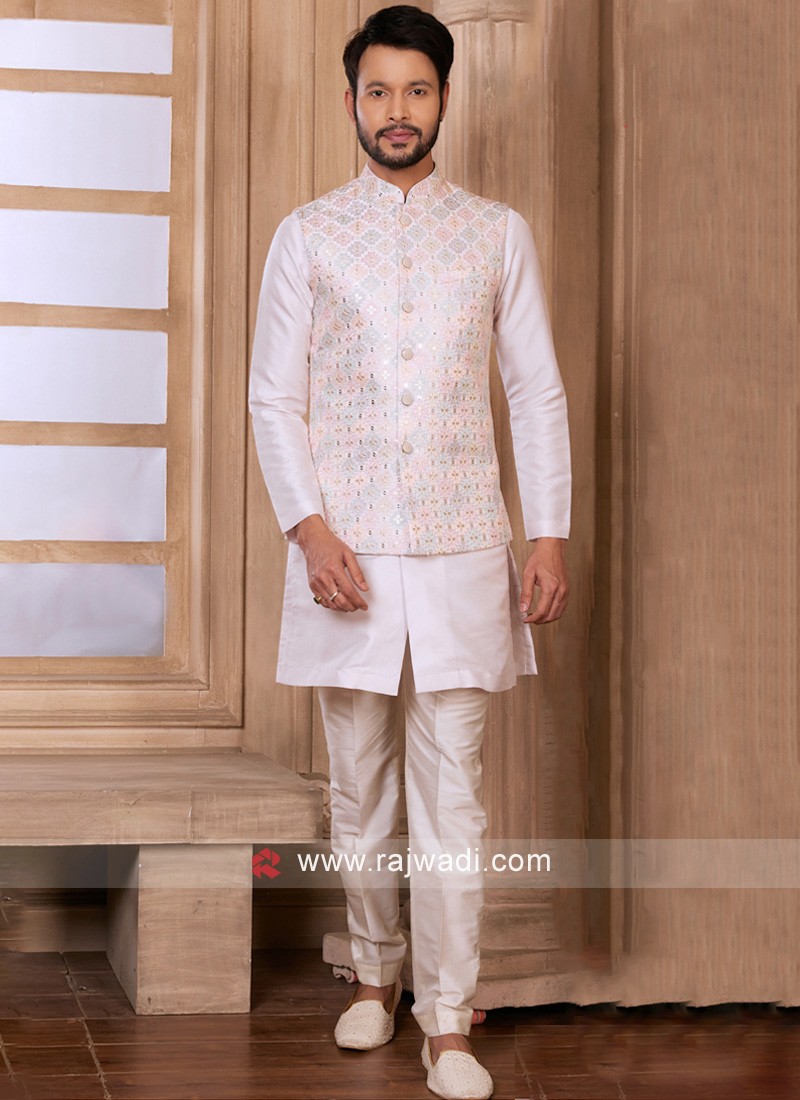 Pista Green Wedding Wear Designer Nehru Jacket Set