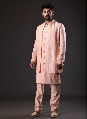 Mens Jacket Style Indowestern In Peach Color