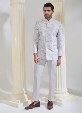 Mens Light Grey Thread Embroidered Jodhpuri Suit