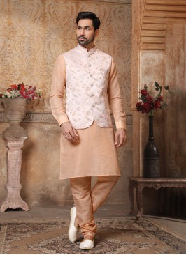 Mens Peach Color Nehru Jacket Set