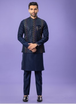 Mens Navy Blue Color Nehru Jacket Set