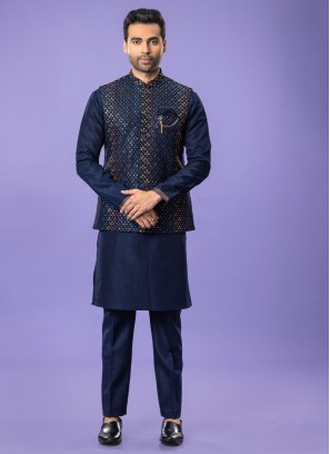 Mens Navy Blue Color Nehru Jacket Set