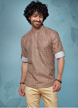 Mens Printed Kurta In Light Brown Color