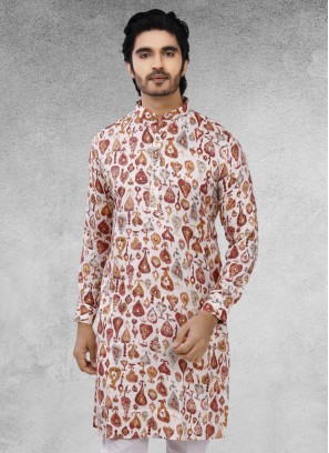 Mens Printed Kurta In White Color