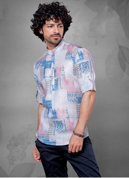 Mens Printed Short Kurta In Cotton Silk