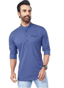 Mens Solid Blue Short Kurta