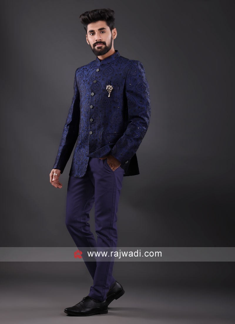 Embroidered Velvet Jodhpuri Suit in Black : MUY978